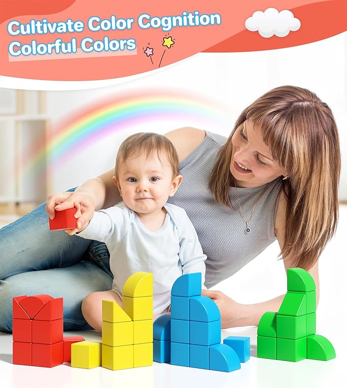 Magnetic Blocks for Toddlers, Kids Building Toys, Creative Stacking Colorful Sensory Block with Magnet, Educational Construction Cubes Set for Boys Girls Children Ages 3 4 5 6 7 8 Year