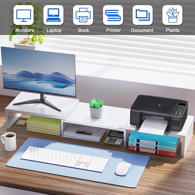 OUTIOE Dual Monitor Stand for Desk, Metal Computer Stand, Desk Shelf Riser,Desktop Organizer for Home and Office Use (White)