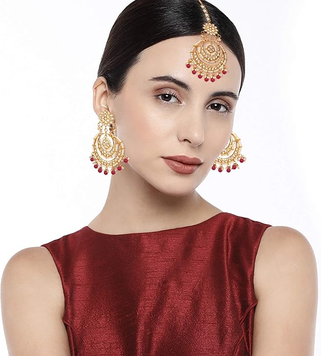 Aheli Bollywood Ethnic Chandbali Style Big Earrings Maang Tikka Set Traditional Fashion Jewelry Gift for Women