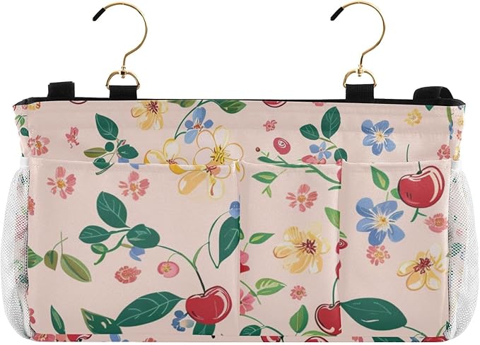 Cute Cherry Blue Flowers Bedside Caddy for Dorm Bed Bedside Hanging Caddy Bag Iron Frame Storage Organizer Pocket for Bunk Home College Hospital Beds 2 Hooks
