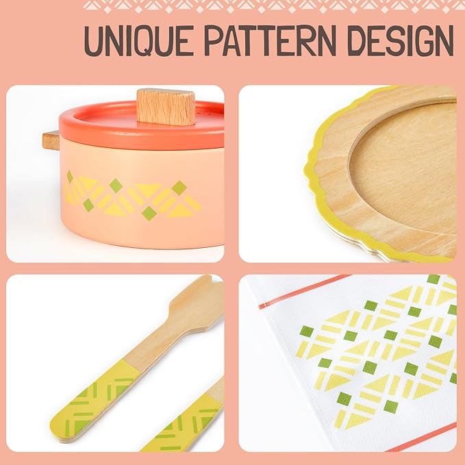 Giant bean Play Dishes for Kids Kitchen, Wooden Kitchen Toys Set Including Play Dishes, Pot and Pan, Utensils, Montessori Play Accessories for 3 4 5 Years Old Girls and Boys Gifts