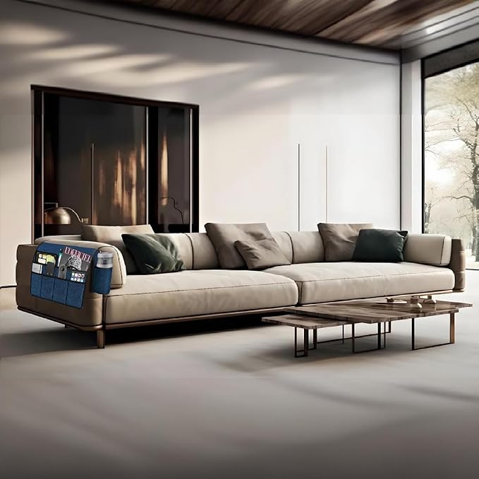 Ntomtuex Sofa Armchair Caddy Remote Control Holder with Water Bottle for Couch Recliner, Armrest Organizer with 7-Pocket Design for Magazines, Eyeglasses, iPad, Phone, Dark Blue