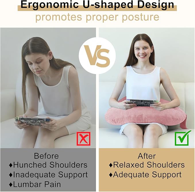 DWCN Reading Pillow for Gaming, Gaming Pillow for Lap Support with Side Pocket & Back Strap for Bed, Sofa, Floor - Arm Rest Pillow for Playing, Working, Sitting, Crocheting (Pink)