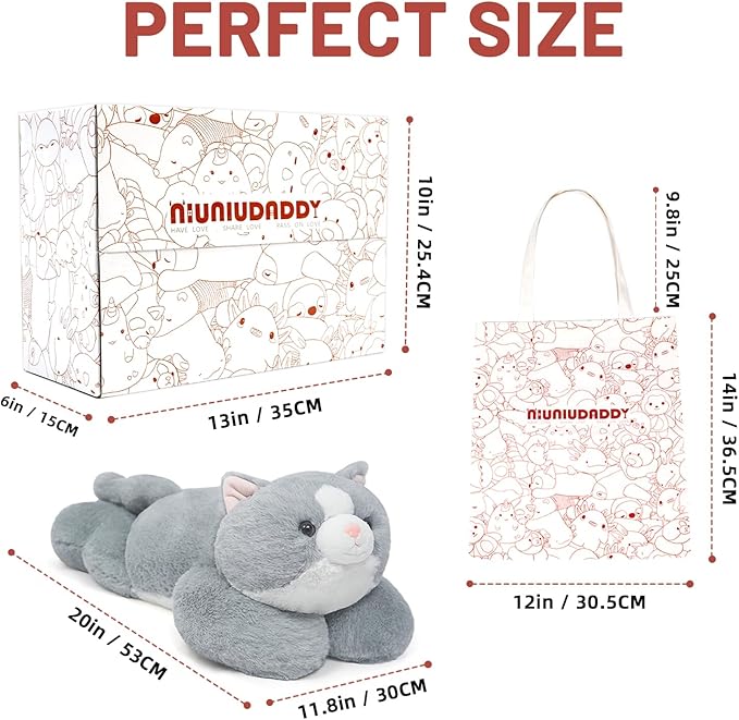 Niuniu Daddy Weighted Stuffed Animals for Anxiety, 3.3lbs Weighted Cat Plushies Toy for Adults Kids, 20‘ Large Grey Stuffed Cat Plush Pillow as Gift for Valentine Birthday Include Bag, Stickers, Card