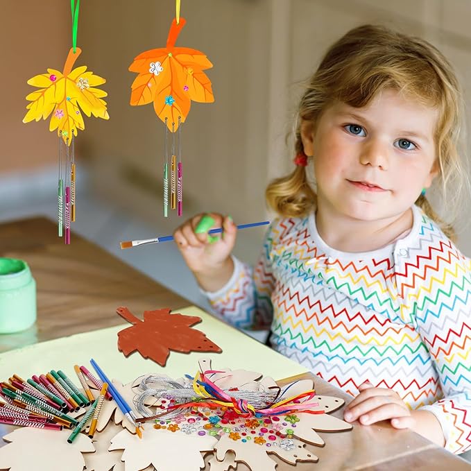 Fennoral 9 Pack Fall Wind Chime Kit for Kids Make You Own Maple Leaf Wind Chime DIY Coloring Fall Craft Wooden Hanging Ornaments Outdoor Activity Autumn Thanksgiving Party Decorations