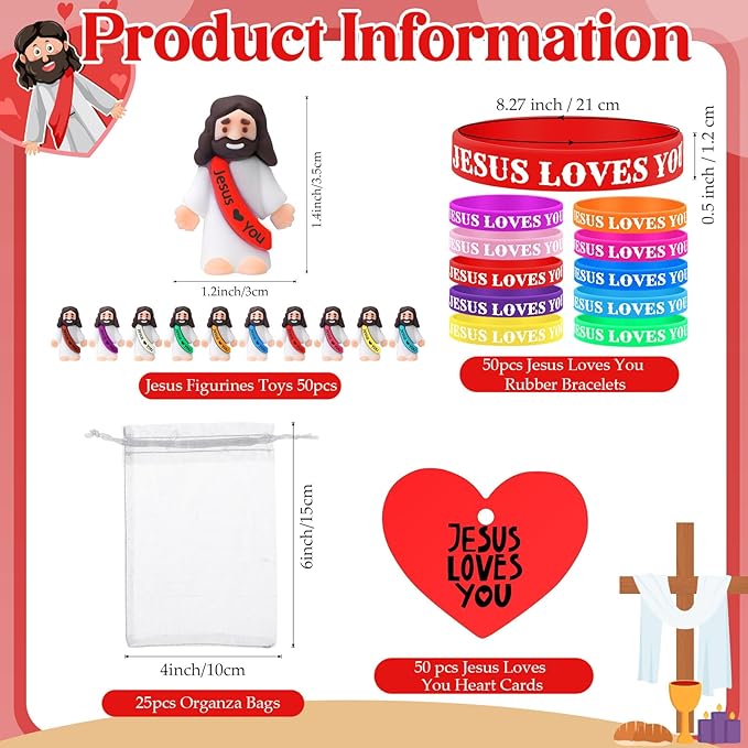 Bememo 150 Pcs Jesus Toys 50 Jesus Loves You Rubber Bracelets 50 Mini Jesus Figures 50 Organza Bag and Card Jesus Wristbands Bracelets for Sunday School Church Hide Game Religious Gift