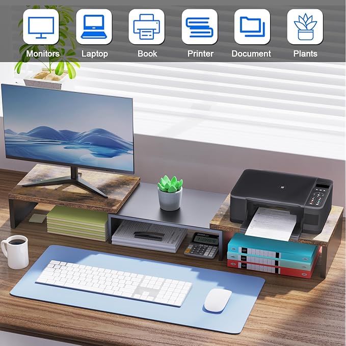 OUTIOE Dual Monitor Stand for Desk, Wooden Monitor Riser, Desk Shelf for Top of Desk, Computer Stand for Home and Office Use (Wood)