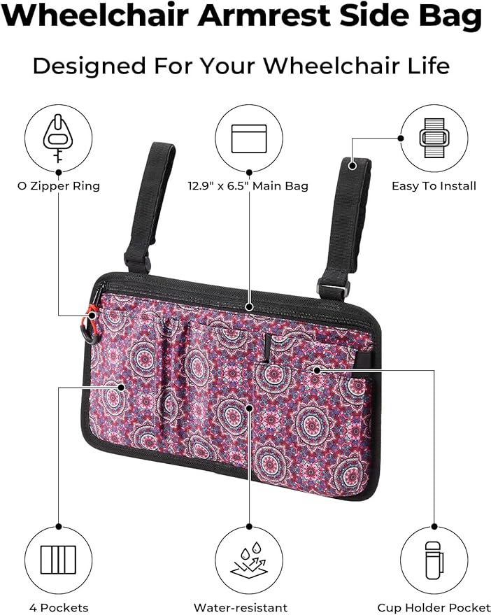JOYTUTUS Walker Side Bag, Wheelchair Armrest Storage Pouch with Cup Holder, Wheelchair Accessories for Seniors, Walker Bag Cup Holder for Walker, Rollator, Electric Scooter or Wheelchair Red