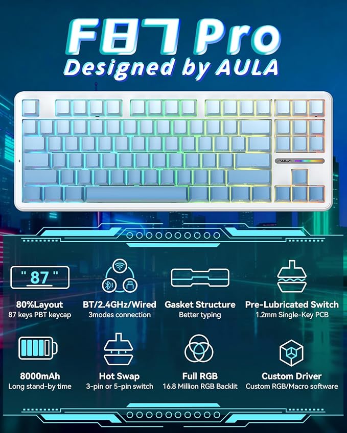 Aula F87 Pro Gaming Keyboard, Tri-Mode BT5.0/2.4GHz/USB-C Hot-Swappable RGB Wireless Mechanical Keyboard, Gasket Mount, 8000mAh, for Windows/Mac Gamer & Typists（LEOBOG Gray Wood Switch V4）