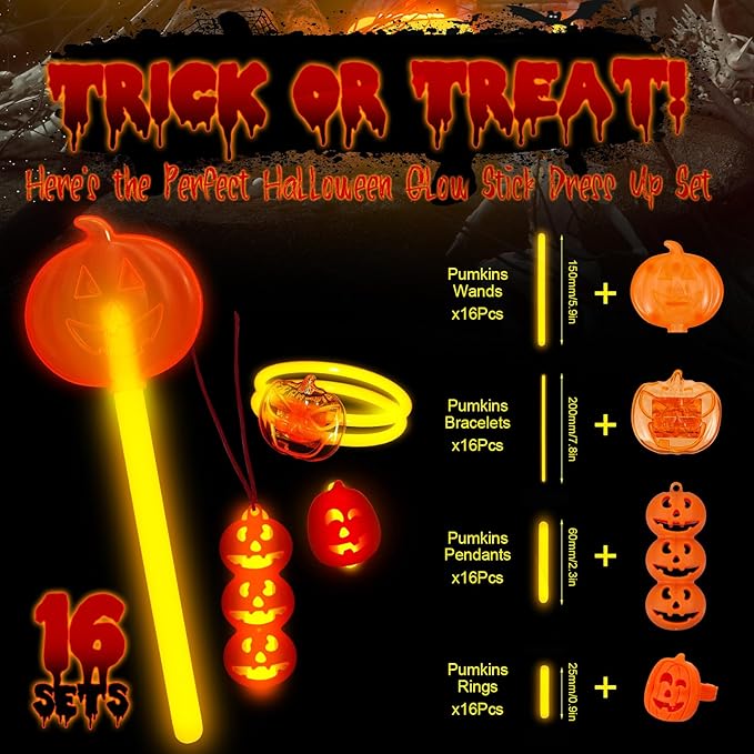 Lewtemi 32 Pcs Pumpkin Halloween Glow Sticks Set Include Bracelet Necklace Ring Wand Glow in the Dark Party Supplies Decorations Halloween Party Favors Goodie Bag Fillers Gifts for Kids Adults