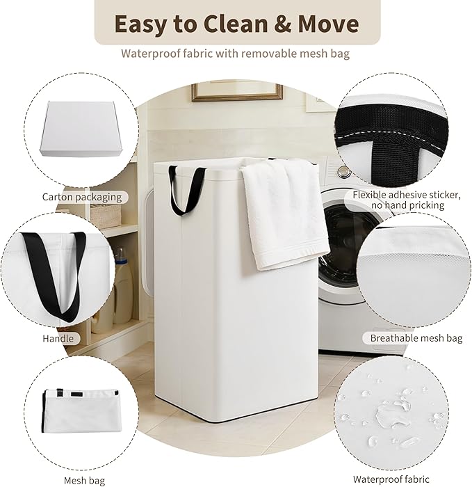 80L Large Laundry Hamper with Lid, Foldable Laundry Bag for Washing Machine with Removable Inner Bag, Dirty Hampers for Bedroom, Bathroom,Laundry Room, College (White)