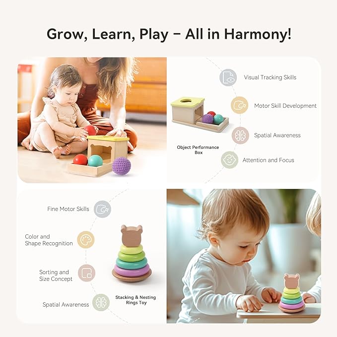 IEATFO Montessori Toys for Babies 6-9 Months, 7-in-1 Wooden Playful Learning Toys with Rainmaker, Multi Sensory Ball, Object Performance Box, Stacking & Nesting Rings, Mirro Knob Puzzle and More