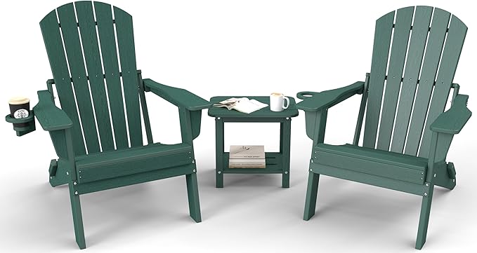 3-Piece Folding Adirondack Chair Set - 38" Extra Tall Back & Embossed Wood Grain, Oversized HDPE Patio Furniture with Side Table & Cup Holders, 380lb Heavy Duty, Green