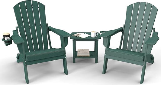 3-Piece Folding Adirondack Chair Set - 38" Extra Tall Back & Embossed Wood Grain, Oversized HDPE Patio Furniture with Side Table & Cup Holders, 380lb Heavy Duty, Green
