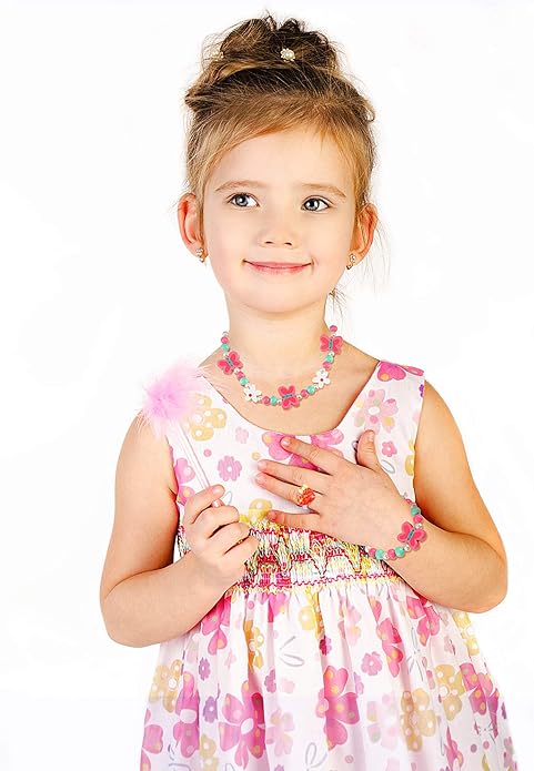 30 Pieces Girl Princess Necklace Bracelet Jewelry Set Includes 10 Sets Girls Beaded Necklace Bracelet and 10 Rings with Plastic Heart Shaped Box for Dress Up Party Cosplay Accessories