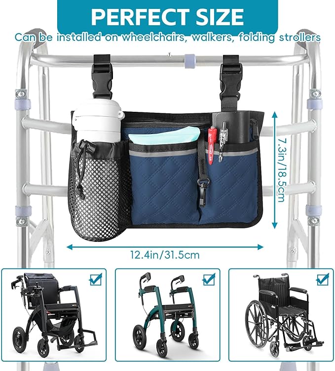 Wheelchair Bag with Cup Holder, Wheelchair Accessories Armrest Side Bag Multi Pockets Pouch for Electric Wheelchairs, Walker, Rollators & Mobility Scooters, Adults, Seniors, Navy Blue