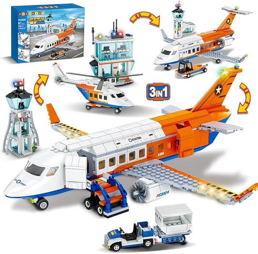 HOGOKIDS City Passenger Airplane Building Set - 711 PCS STEM 3 in 1 Airport Passenger Plane Building Block Toy with Baggage Truck Radar Tower Shuttle Bus for Boys Girls Kids Adults 6 7 8 9+ Years Old