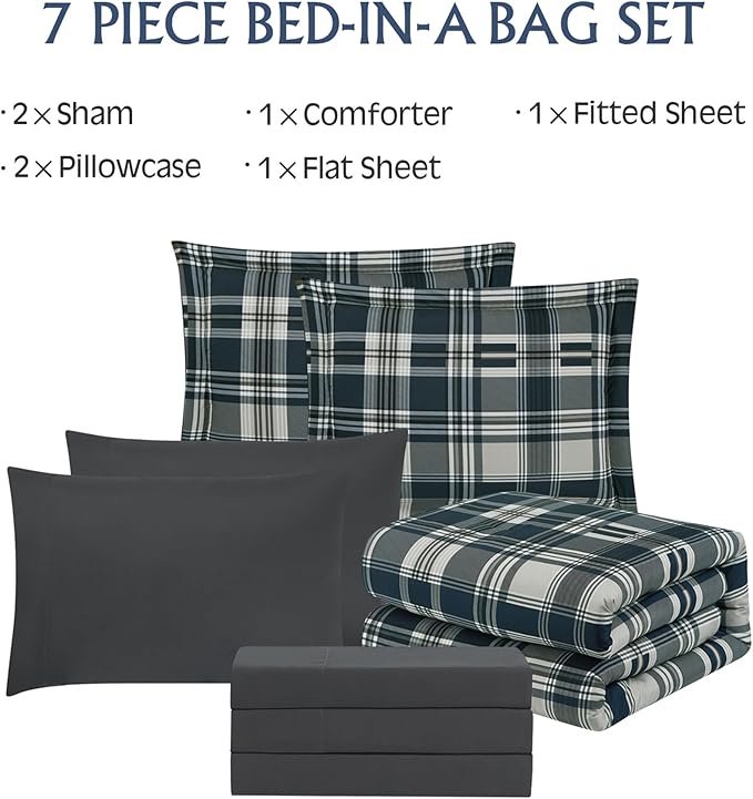 MaiRêve Queen Size Comforter Set Navy Blue, Classic Plaid Farmhouse 7 Pieces Bedding Set, All Season Lightweight Bed in a Bag with Sheets, Pillowcases & Shams