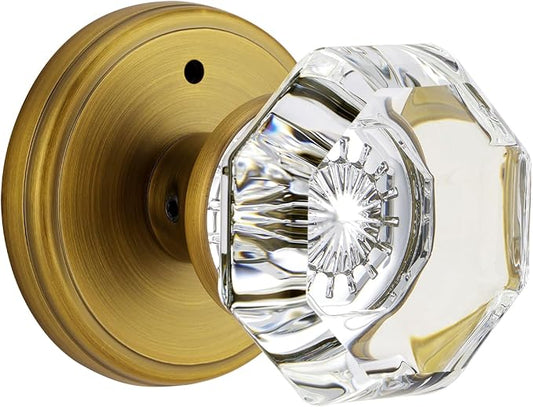 CLCTK Antique Brass Door Knobs Glass Door Knobs Interior with Lock, Vintage Crystal Privacy Octagon Door Knobs for Bedroom Bathroom