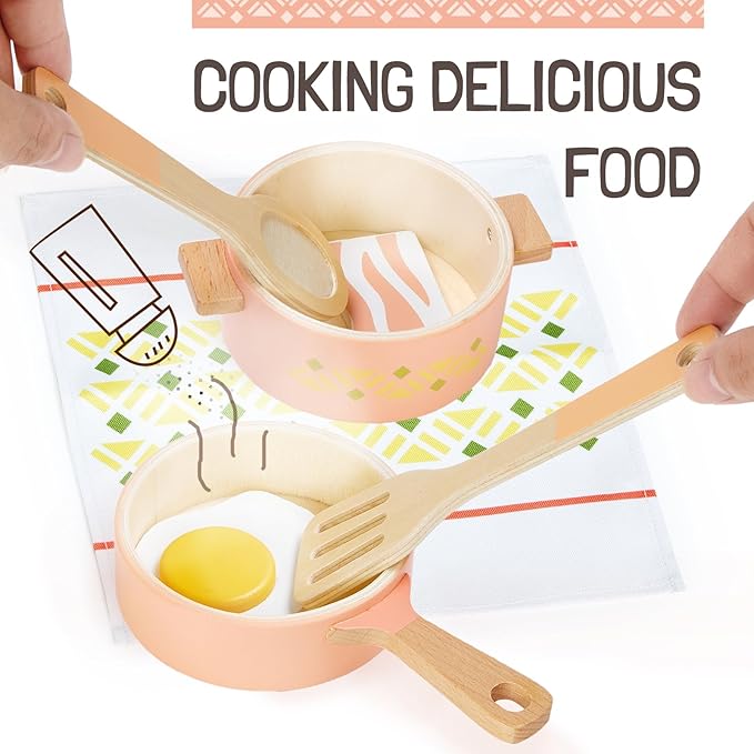 Giant bean Play Dishes for Kids Kitchen, Wooden Kitchen Toys Set Including Play Dishes, Pot and Pan, Utensils, Montessori Play Accessories for 3 4 5 Years Old Girls and Boys Gifts