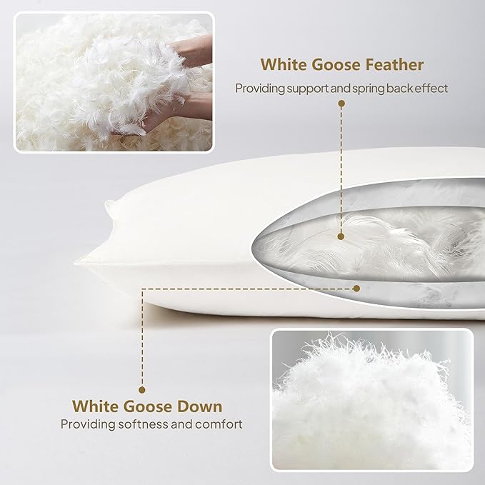 Goose Down Body Pillows for Adults, Large Body Pillow for Side Sleeper, Hugging Feather Body Pillow Insert, Cooling Full Length Long Pillow for Bed with 100% Organic Cotton Shell, (White 20"x72")