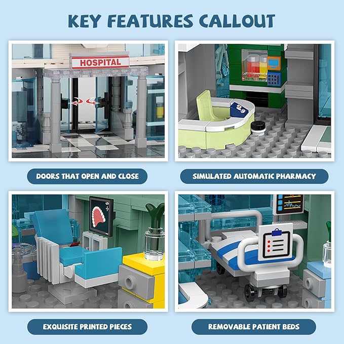 City Hospital Toy Building Set with LED Lighting, Compatible with Lego, Modular Three-Story Architecture Set for Adults, Gift Idea for Kids Ages 10 and Up (1350 Pieces)