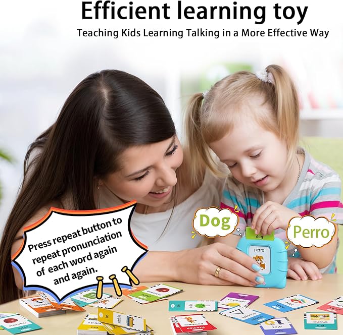 Kidzdo Spanish and English Audible Toys, Bilingual Español/English Talking Flash Cards with Music for Preschool,Kindergarten Toddler 2 3 4 5 6 to Learn Spanish English