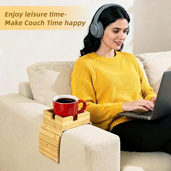 Bamboo Couch Cup Holder & Armrest Tray - Extend Your Comfort with a Secure Drink Slot and Snack Space for Recliner, Loveseat, or Sofa