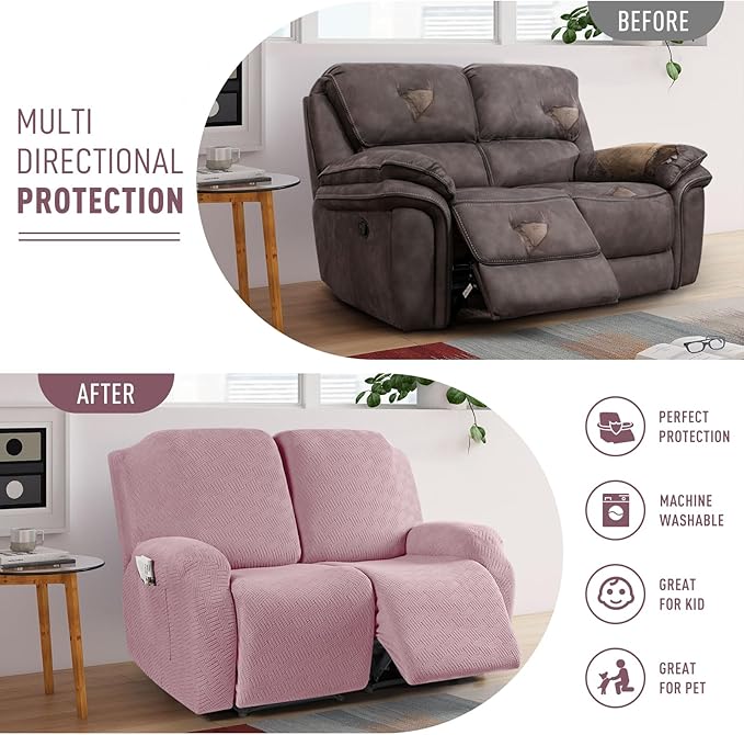 KinCam Recliner Covers, Stretch Reclining Chair Covers, Recliner Sofa Slipcovers Stripe Jacquard Recliner Couch Covers Furniture Protector Covers for Pet Kid (2 Seater, Pink)