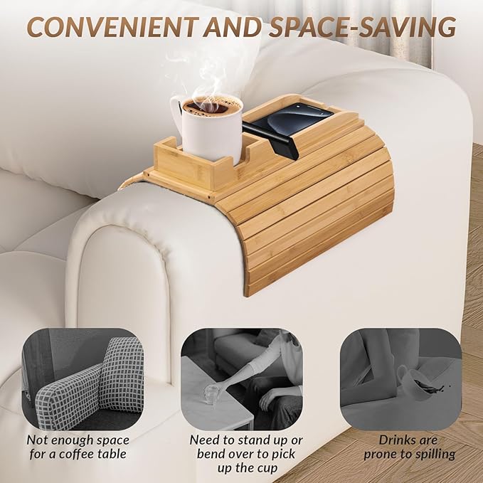 FUNKYLEE Bamboo Couch Armrest Table, Arm Tray with Removable Couch Cup Holder, 2 in 1 Design Foldable Anti-Slip Bamboo Sofa Arm Tray for Remote Controls, Phones, Cups and Snacks