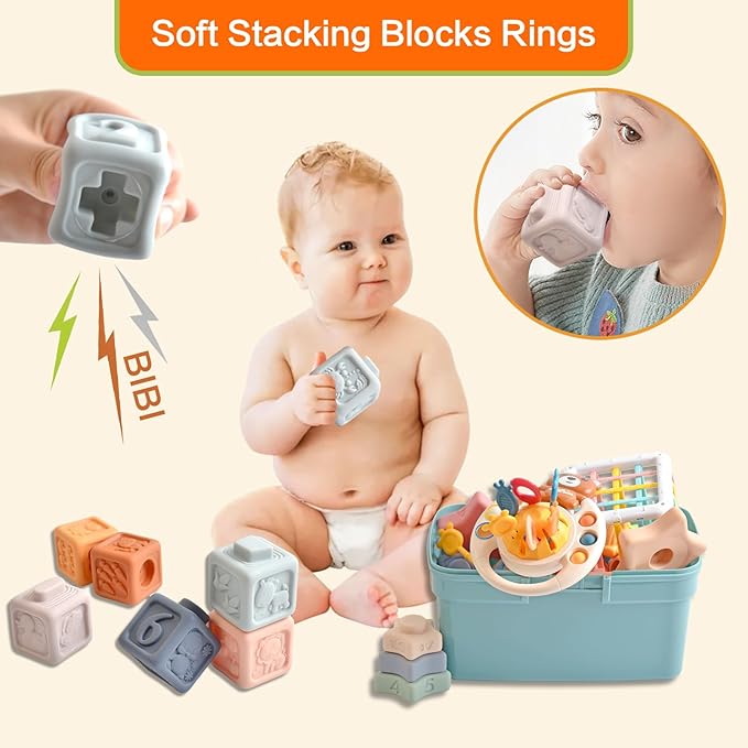 Baby Toys 6 -18 Months，Montessori Toys for Babies 1-2 Years Old,Includes Bear Drawstring Toys, Koala Stacking Blocks & Baby Rattle & 6-Color Squeeze Sensory Balls,Developmental Toys for Children