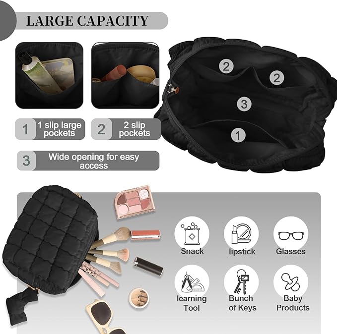 Puffer Quilted Makeup Bag Cosmetic Bags,Puffy Travel Toiletry Pouch for Women,Cute Checkered Zipper Bag Travel Essential,Portable Aesthetic Make up Organizer Bag for Gifts Work Daily(Black,M)