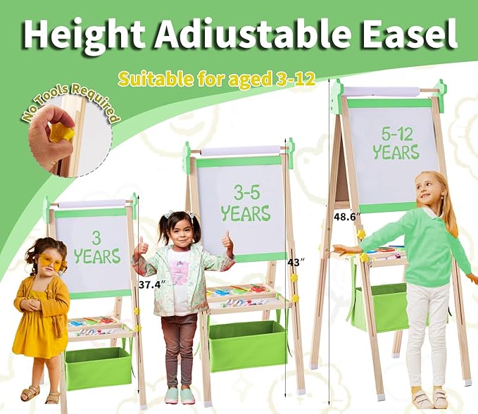 2-in-1 Double Sided Kid's Easel, Height-Adjustable Art Easel for Boys and Girls Ages 3-10, Including 100+ Accessories with Magnetic Chalkboard & Painting Board, Toddler Gifts (Light Green)