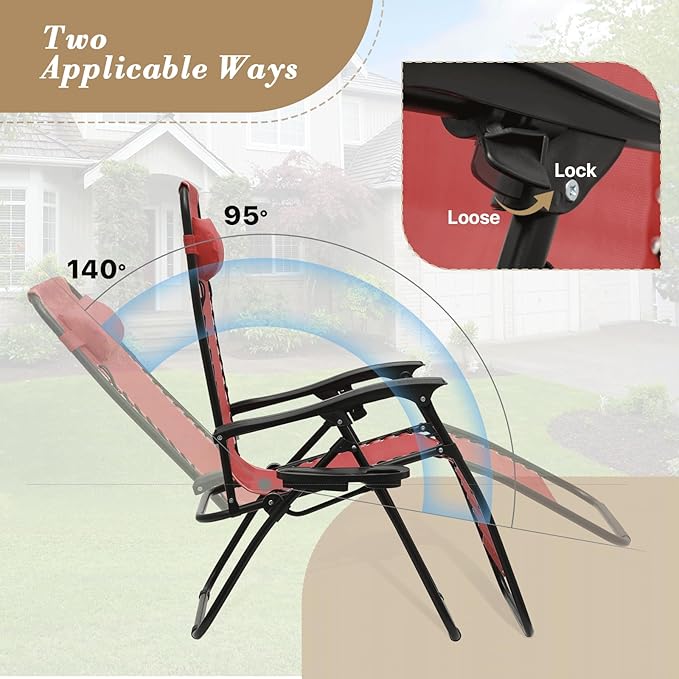 Athena Collection Zero Gravity Outdoor Lounge Chair Set of 2 with Side Table, 25" Width Pool Lounge Lawn Chairs Reclining with Cup Holder, Outdoor Chaise for Beach Patio Backyard Outside, Dark Red