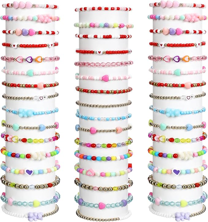48 Pcs Valentine's Day Kids Friendship Bracelet Set Adjustable Beads Bracelets Cute Friendship Princess Pretend Play Bracelet Stretch Bracelet Preppy Bracelets Set for Girls Women(Heart)