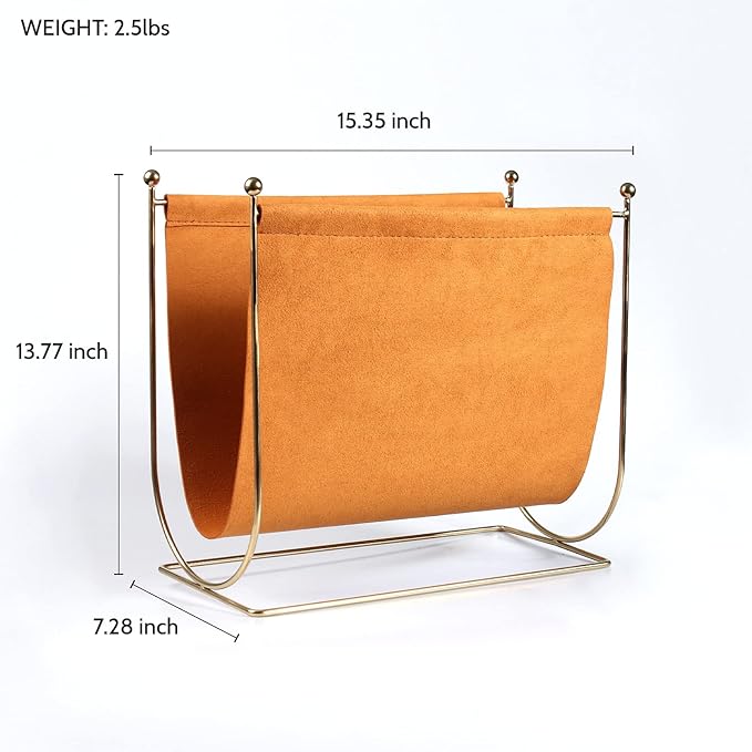 lesermoorer Plated Metal Wire and Suede Leather Magazine Holder Rack, Standing Rack for Magazines, Books, Newspapers, Home Staging Decoration