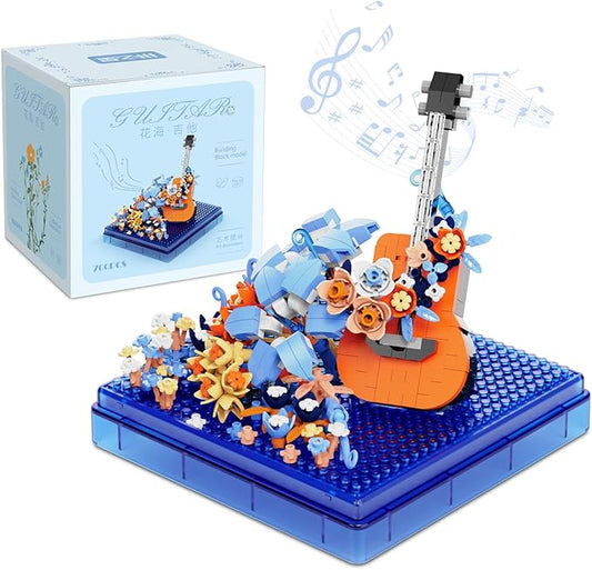 Guitar Mini Building Block Sets with Colorful Flower Decor, Micro Building Sets with Dust Cover,Gift for Girl,Lover,Mother, Home Office Decor Kit Suit for Kids and Adult Aged 8+(Guitar)