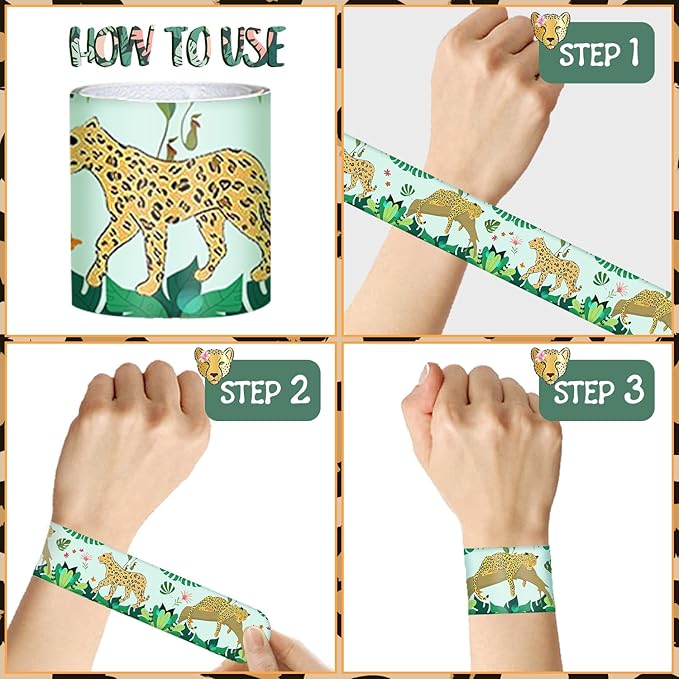 48 PCS Jungle Cheetah Slap Bracelets Cheetah Party Favors Cartoon Jungle Animals Party Wristbands for Kids Boys Girls Safari Leopard Party Supplies Birthday Party Baby Shower Carnival Prizes Gifts