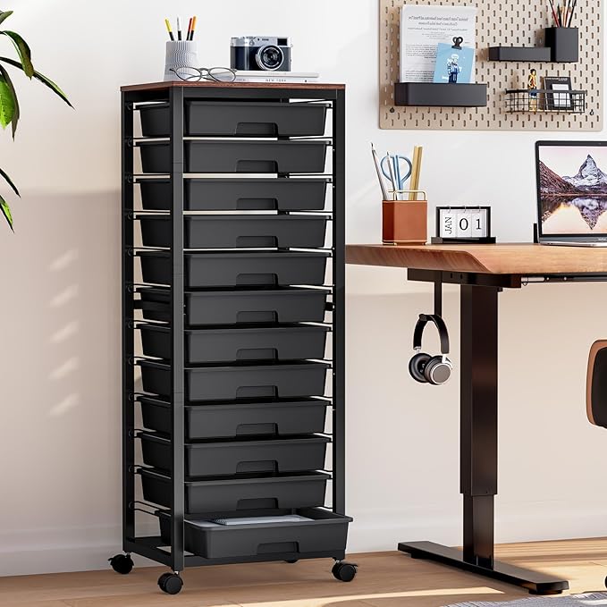 Rolling Cart with Drawers,12 Drawer Rolling Cart,Rolling storage cart with drawers,Black Rolling Drawer Cart,Teacher Rolling Cart for Classroom Storage,Craft Cart with Wooden Tabletop