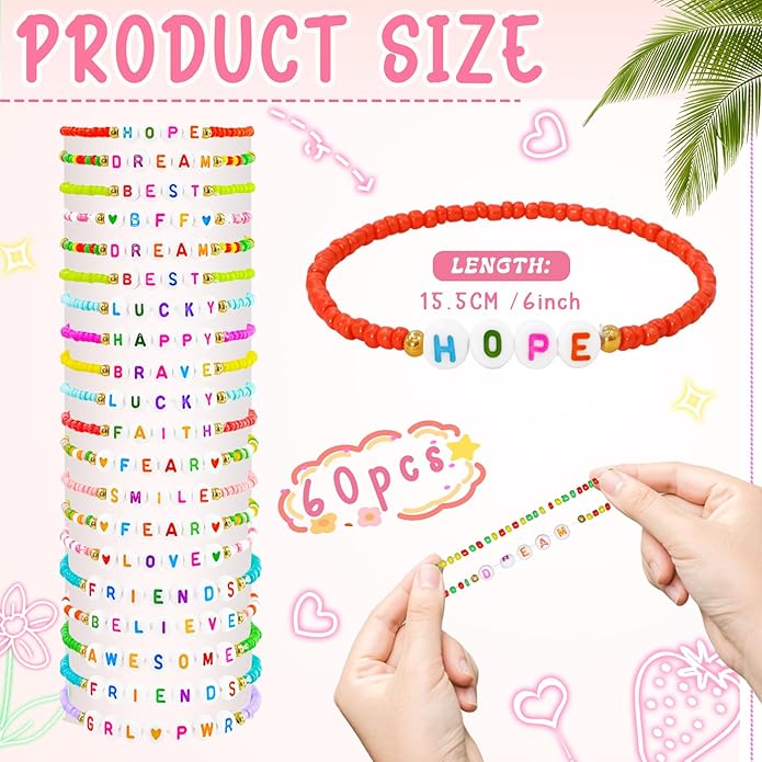 60 pcs Colorful Kids Friendship Bracelet Sets, Stackable Elastic Cute Beaded Bracelets Princess Pretend Play Bracelet Preppy Bracelets Bulk Set for Women Gift