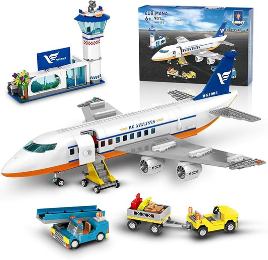 Large City Passenger Airplane Building Toys with LED Light, 21 Inches Plane Building Sets with 2PCS Luggage Trucks, Terminal, Radar Tower, Birthday Gifts for Kids Boys Girls Age 6-12 (901pcs)