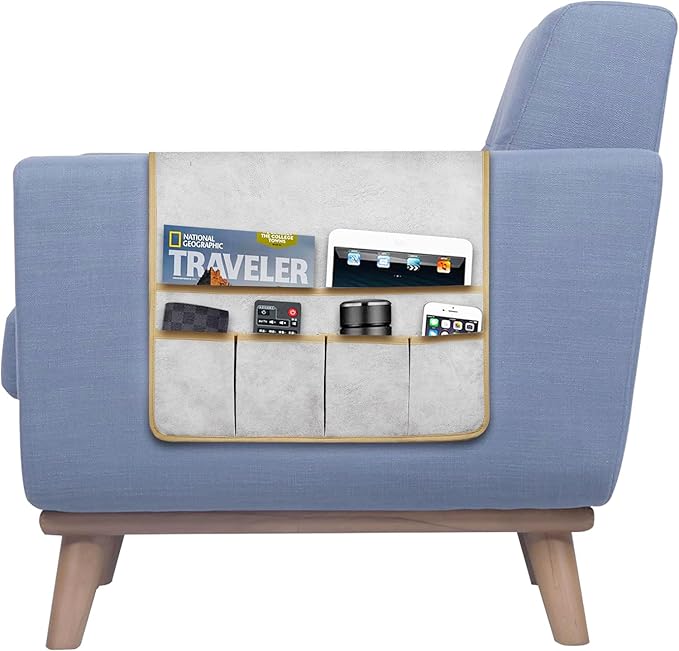 HAOMAIJIA Anti Slip Sofa Armrest Organizer Arm Chair Bedside Caddy Storage Organizer For Recliner Couch With 6 Pockets For Cell Phone Tv Remote Control Magazines (light grey)