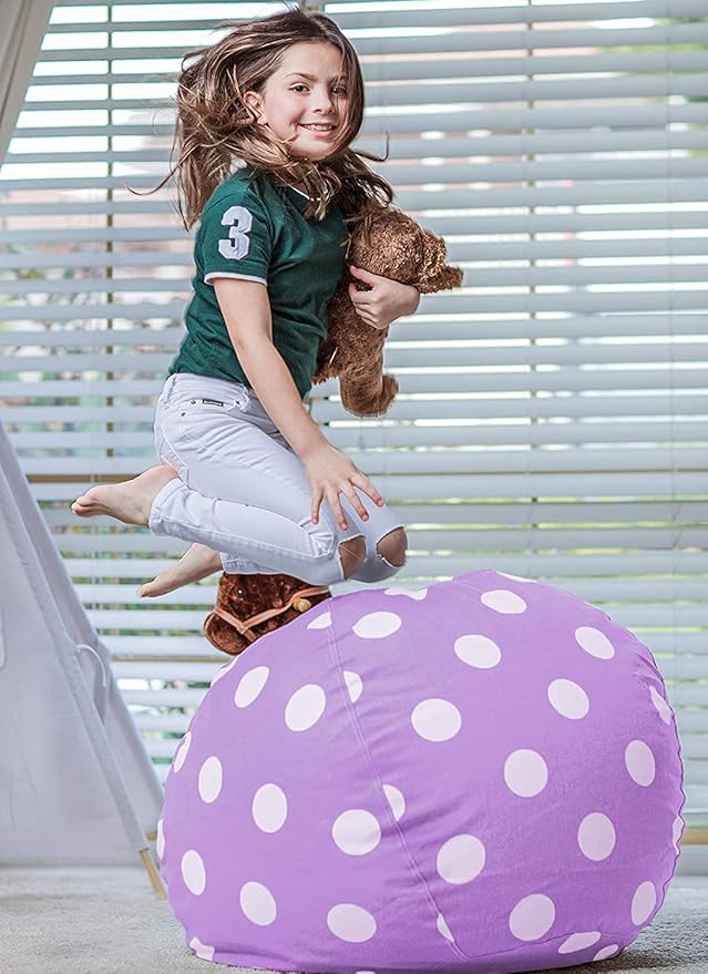 Wekapo Stuffed Animal Storage Bean Bag Chair Cover for Kids | Stuffable Zipper Beanbag for Organizing Children Plush Toys Large Premium Cotton Canvas (Purple Dot, XX-Large)