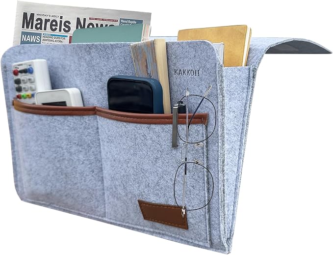Bedside Caddy, Sofa Caddy, Storage Organizer Pocket for Dorm, Bedroom, 5 Pockets Felt Organizer for Magazine, Remote, Phone, Tablet, Pad, Glasses, Pen, Remote Control (Light Grey-Short)