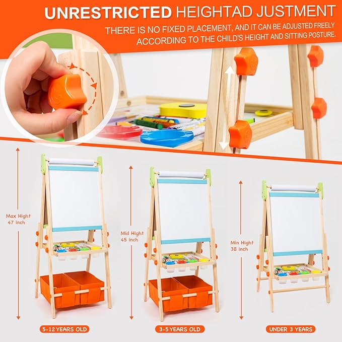Kids Easel Including 100+ Accessories, Rundad Double Sided Wooden Easel for Kids Age 3-8 with Magnetic Chalkboard & Painting Board, Free Height Adjustable Art Easel Supplies for Toddlers