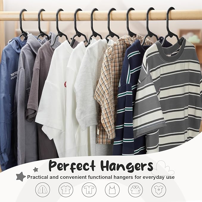 HOUSE DAY Premium Baby Hangers 60 Pack, 11 Inch Kids Plastic Hangers Black, Slim Childrens Hangers for Infant, Toddler, and Child Clothes, Durable Baby Clothes Hangers for Closet