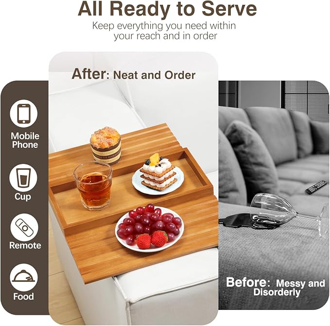 Couch Arm Tray, Bamboo Sofa Tray Table for Couch, Sofa Armrest Table, Anti-Slip Armrest Organizer, Foldable Couch Cup Holder for Snacks, Phone, Control, Cups, Light Brown