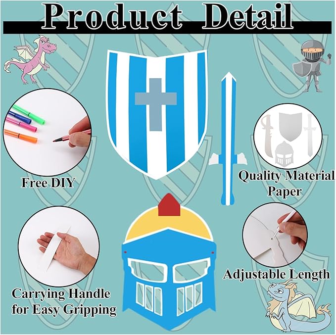 40 Pcs DIY Knight Play Set Includes Blank Cardboard Shields Shield Masks Swords Knife Color Your Own Knight Mask with Handles for School Knight Crafts Play Castle Activities Dramatic Party Decorate