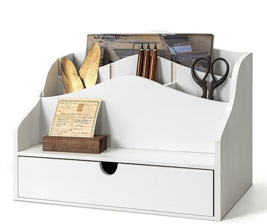 Rebee Vision Pine Wood Mail Organizer for Desk - Charming Farmhouse Countertop Mail Sorter for Office & Home Decor - Wooden Desk Organizer with Drawer for Letters, Files & Magazines(White)