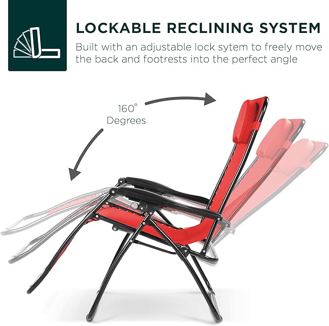 Best Choice Products Oversized Zero Gravity Chair, Folding Outdoor Patio Lounge Recliner w/Cup Holder Accessory Tray, Pillow - Crimson Red